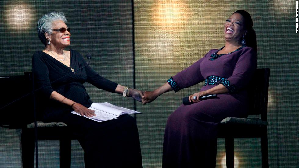 Angelou and talk show host Oprah Winfrey laugh during the taping of &quot;Surprise Oprah! A Farewell Spectacular&quot; in 2011.