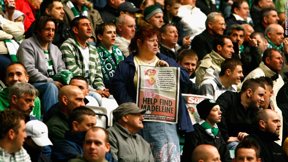 Philomena McCann, Madeleine&#39;s aunt, hands out posters inside Celtic Park in Glasgow, Scotland, in May 2007.