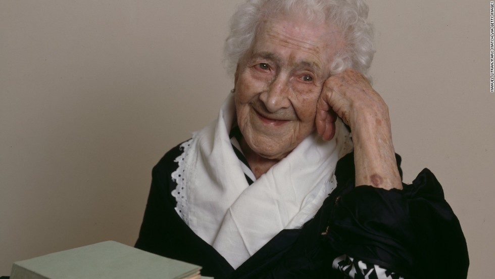 Jeanne Calment was born February 21, 1875, and lived to the age of 122 in Arles, France (home of the painter Vincent Van Gogh, whom she met as a little girl). At 85, she took up fencing lessons. At 100, she was still riding her bike. She said she ate more than 2 pounds of chocolate a week and only quit smoking at age 120 -- not for health reasons but because she could not see well enough to light her cigarettes. She credited her longevity to port wine, her sense of humor and a diet rich in olive oil. She died in August 1997.