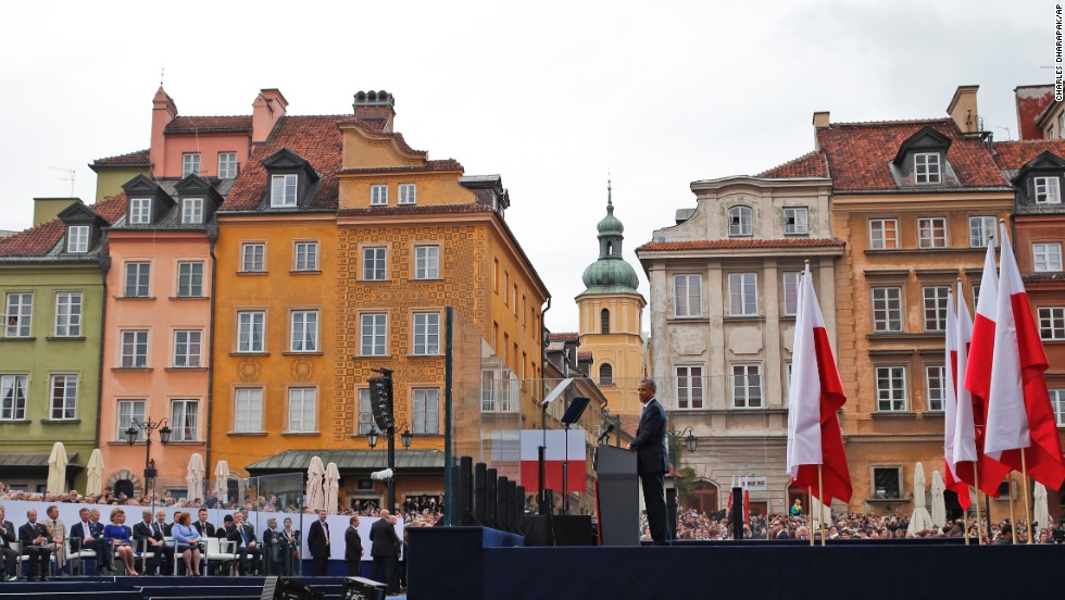 Obama speaks at the 25th anniversary celebrations in Warsaw on June 4. Poland&#39;s historic election, led by the Solidarity movement in 1989, &quot;was the beginning of the end of communism -- in this country and across Europe,&quot; Obama said.
