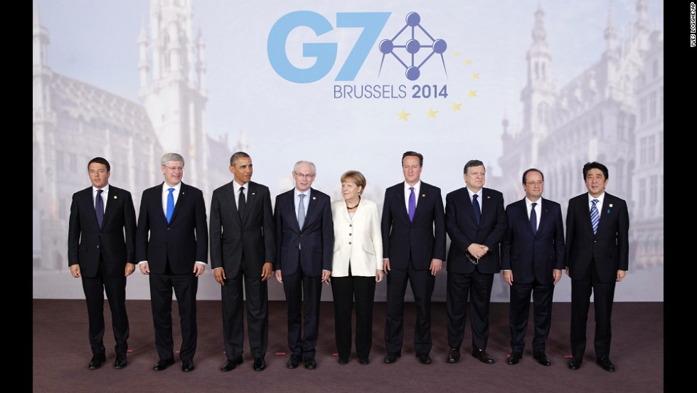 The G7 heads of state pose for a group photo with the presidents of the European Council and the European Commission during the second day of their meeting in Brussels on June 5.