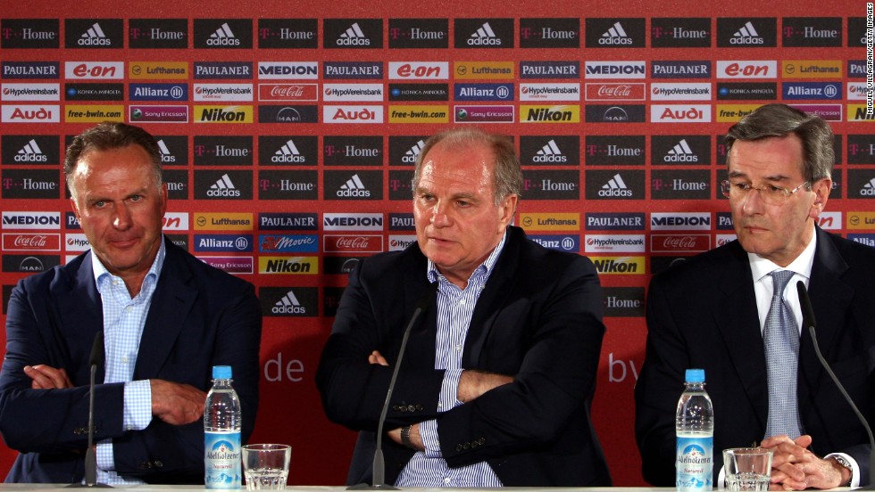 Klinsmann didn&#39;t last one season at Bayern, and was fired in April 2009 and replaced by Jupp Heynckes. Here Bayern CEO Karl-Heinz Rummenigge (left) addresses the media with club manager Uli Hoeness and fellow executive Karl Hopfner (right). 