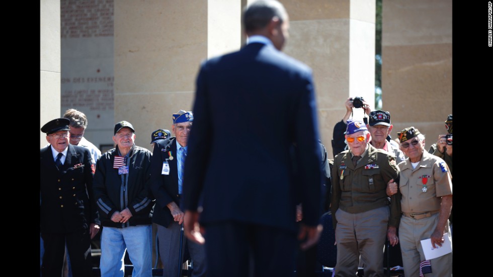 World War II veterans listen to President Barack Obama at the Normandy American Cemetery on June 6.