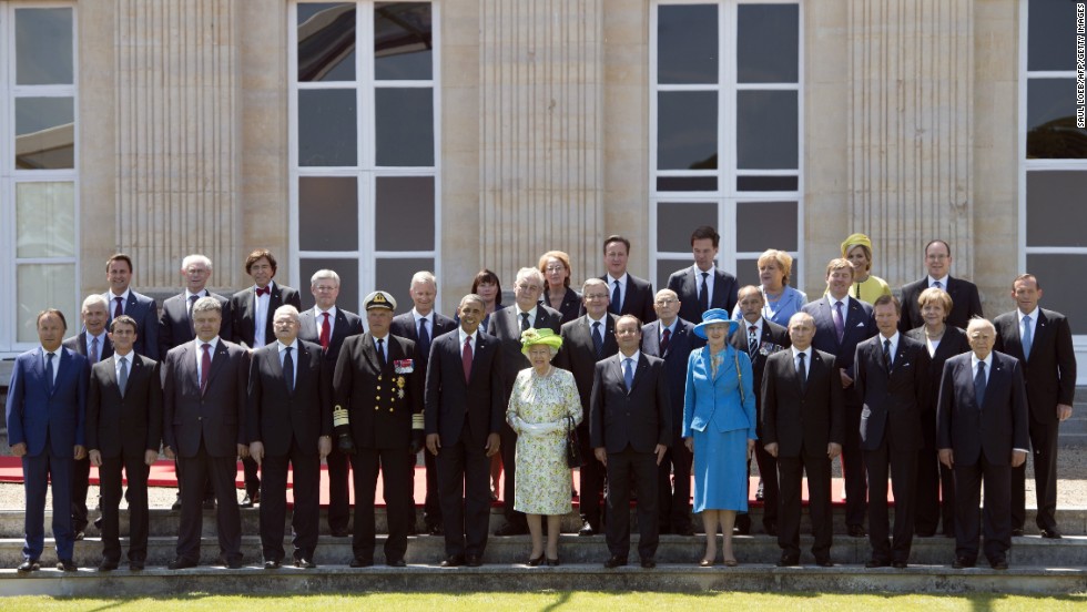 World leaders pose for a photograph after ceremonies at Chateau de Benouville in Benouville, France.