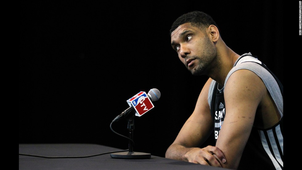Tim Duncan of the San Antonio Spurs attends a media session Friday, June 6, a day after Game 1 of the NBA Finals. Duncan is seeking his fifth NBA title with the Spurs.