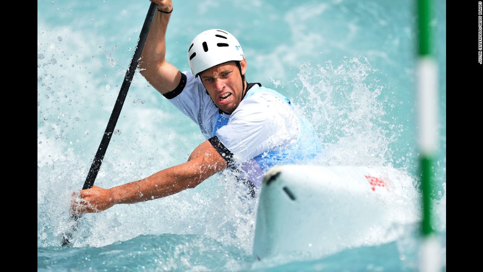 Matija Marinic of Croatia competes during a Canoe Slalom World Cup event Friday, June 6, at the Lee Valley White Water Centre in London. This was the first event of the World Cup season, which ends in mid-August.