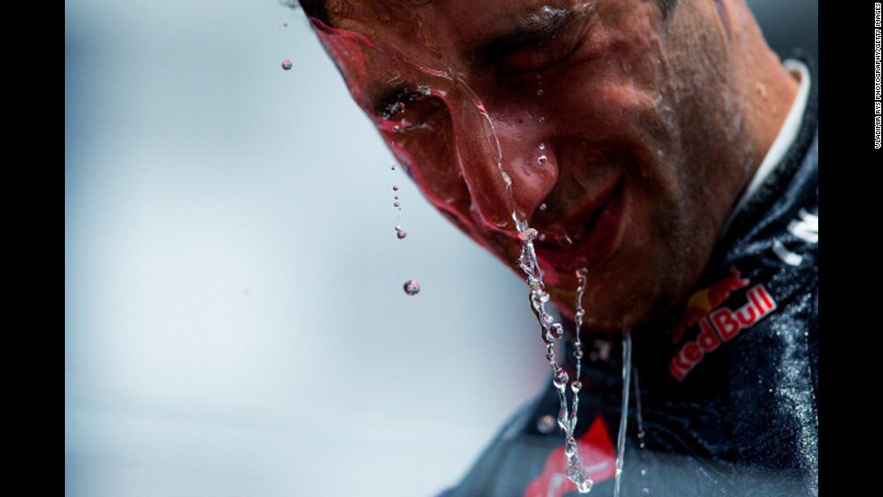 Formula One driver Daniel Ricciardo is soaked with celebratory champagne Sunday, June 8, after he won the Canadian Grand Prix in Montreal, Quebec. It&#39;s the first race of the season that hasn&#39;t been won by Mercedes drivers Lewis Hamilton (four wins) and Nico Rosberg (two wins).