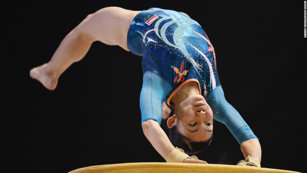 Wakana Inoue competes on the vault during the first day of the Artistic Gymnastics NHK Trophy event Saturday, June 7, in Tokyo.