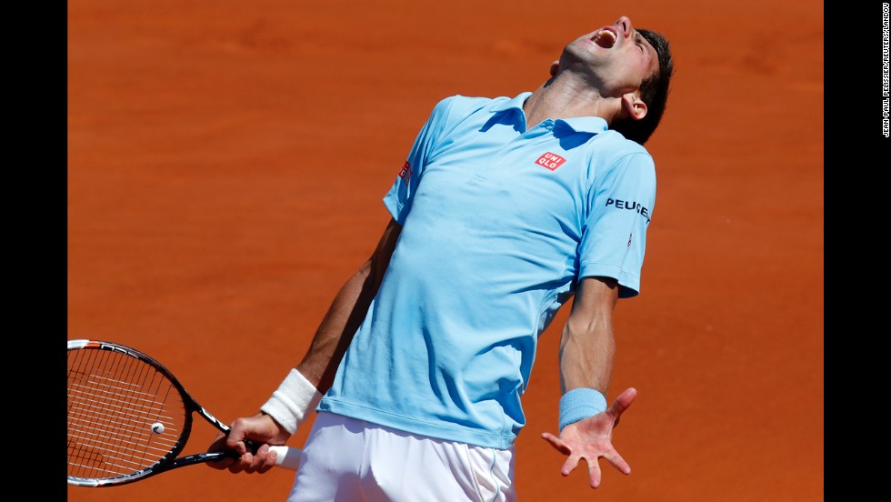 Novak Djokovic reacts during his French Open semifinal match against Ernests Gulbis on Friday, June 6. Djokovic won in four sets but lost to Rafael Nadal in the final.