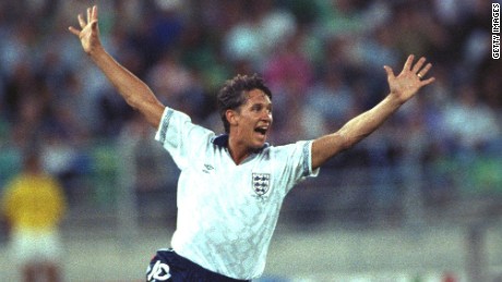 Gary Lineker celebrates scoring for England.