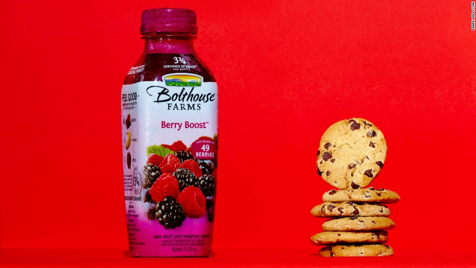 You&#39;d consume 24 grams of sugar by drinking this Bolthouse Farms Berry Boost 15.2-ounce bottle -- or by eating six Chips Ahoy! cookies.