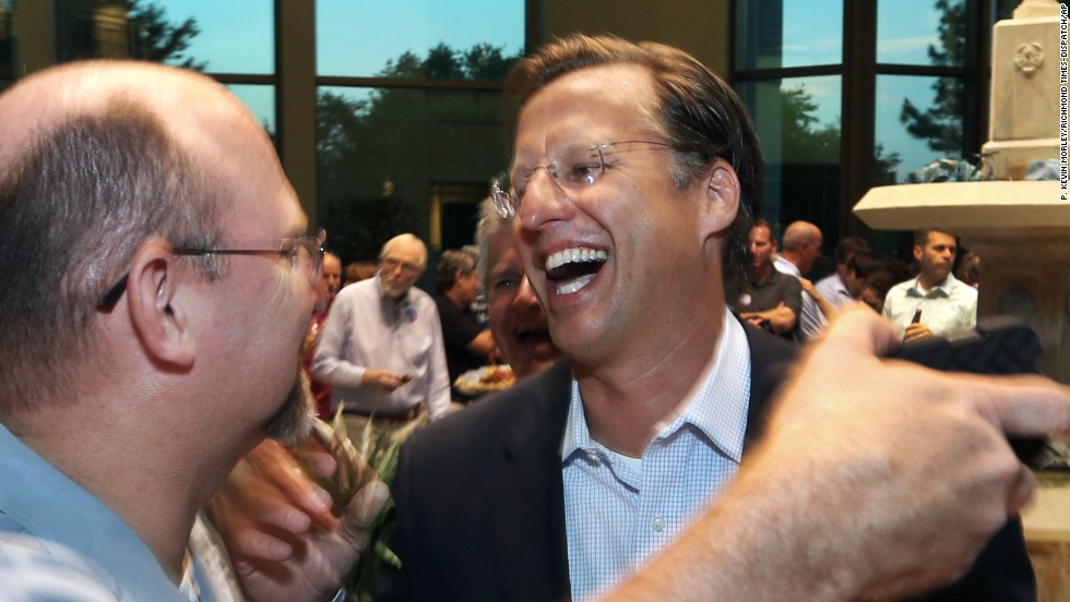 2014:  House Majority Leader Eric Cantor lost the Republican primary to college professor Dave Brat, a political novice. Brat seen Tuesday night in Richmond, Virginia.