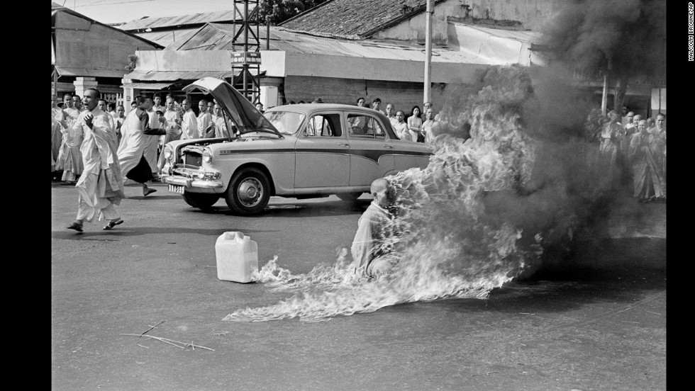 In June 1963, photographer Malcolm Browne showed the world a shocking display of protest. A Buddhist monk named Thich Quang Duc burned himself to death on a street in Saigon to protest alleged persecution of Buddhists by the South Vietnamese government. The image won Browne the World Press Photo of the Year. 