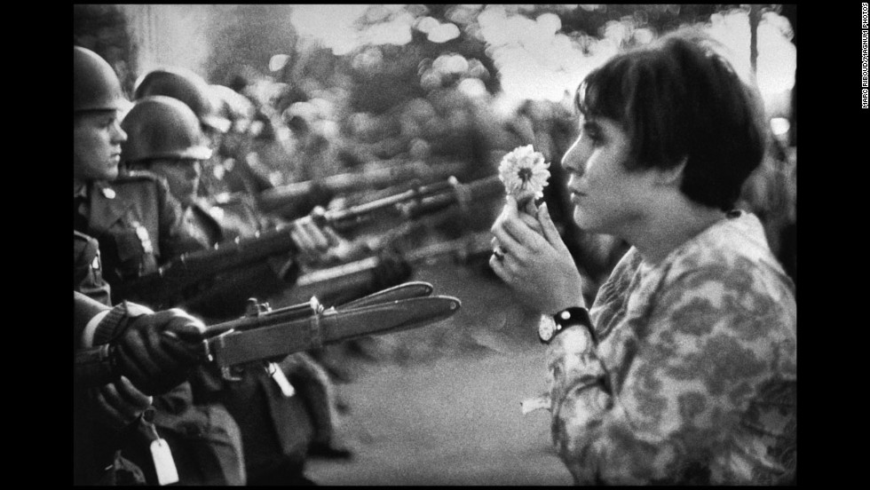 Frenchman Marc Riboud captured one of the most well-known anti-war images in 1967. Jan Rose Kasmir confronts National Guard troops outside the Pentagon during a protest march. The photo helped turn public opinion against the war. &quot;She was just talking, trying to catch the eye of the soldiers, maybe try to have a dialogue with them,&quot; &lt;a href=&quot;http://www.smithsonianmag.com/history/flower-child-102514360/&quot; target=&quot;_blank&quot;&gt;recalled Riboud in the April 2004 Smithsonian magazine,&lt;/a&gt; &quot;I had the feeling the soldiers were more afraid of her than she was of the bayonets.&quot;