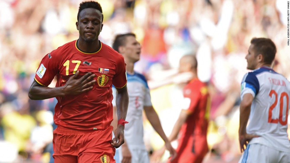 Belgian forward Divock Origi reacts after scoring the only goal during a game between Belgium and Russia in Rio de Janeiro.