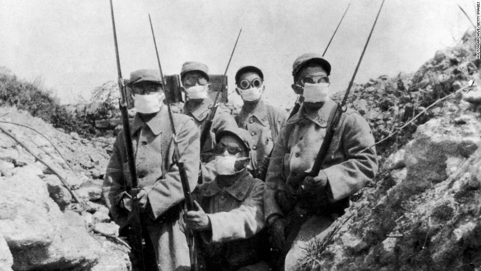 World War I ushered in an era of chemical weapons use that lingers, lethally, into the present day. About 1 million casualties were inflicted, and 90,000 were killed. Here, French troops wear an early form of gas mask in the trenches during the first widespread use of gas, by the Germans at the Second Battle of Ypres in 1916. 