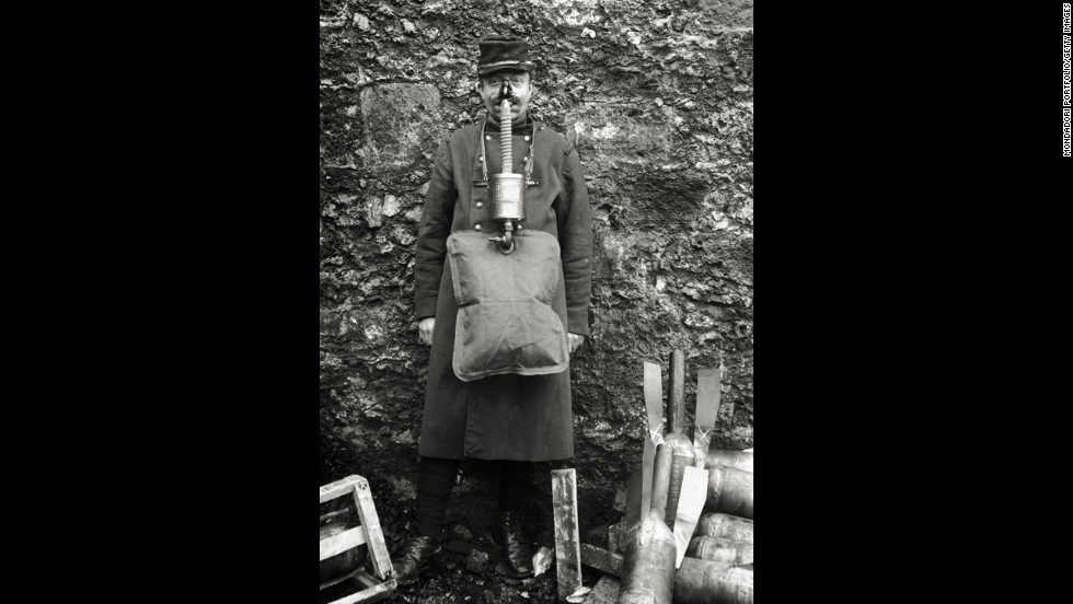 A soldier demonstrates an ungainly French gas mask. &quot;French masks were notoriously unreliable,&quot;&lt;a href=&quot;http://www.ncbi.nlm.nih.gov/pmc/articles/PMC2376985/&quot; target=&quot;_blank&quot;&gt; wrote&lt;/a&gt; historian Gerald Fitzgerald.  