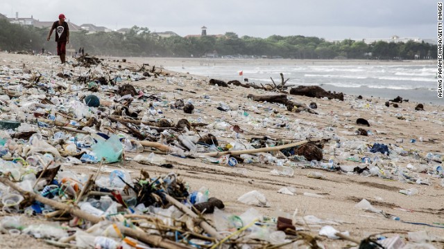 Single-use plastic has become synonymous with polluted beaches like this one in Indonesia.