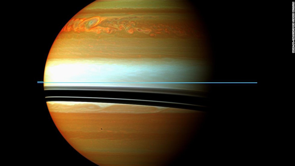 5. Studies of the great northern storm of 2010-2011.  In 2010 Cassini got a front-row seat to a massive storm that disrupted Saturn&#39;s relatively tranquil atmosphere. The largest temperature increases recorded for any planet were measured. Molecules never before seen in Saturn&#39;s upper atmosphere were detected. The storm diminished shortly after its head collided with its tail, a little less than a year after it began.  Saturn&#39;s rings are seen as the thin blue line in this image, due to the filters  used to show methane absorption.  The rings are outside the atmosphere, and therefore  are not affected by methane absorption. 