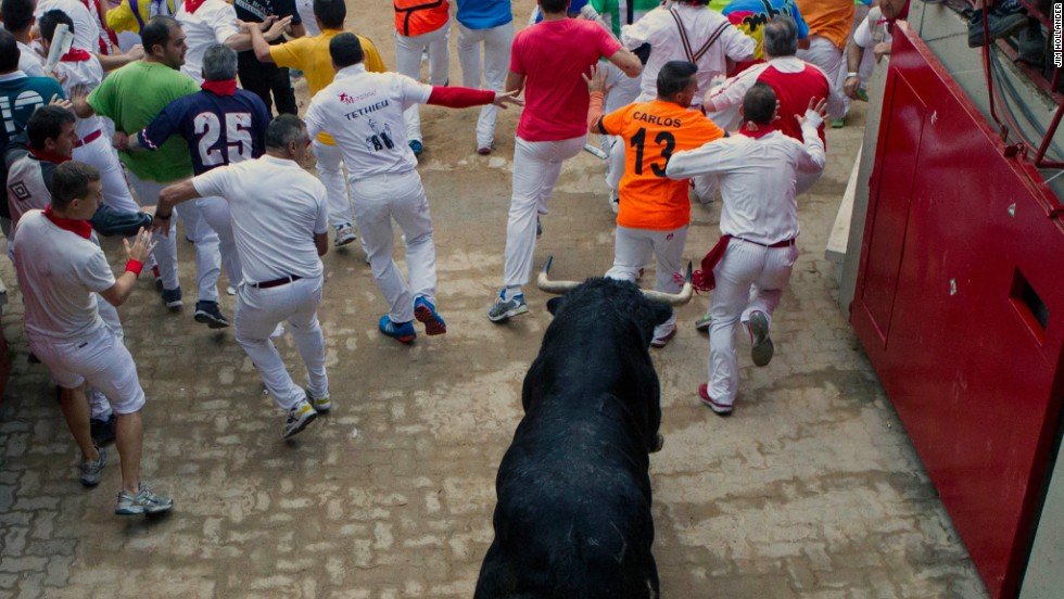 Runners enter the bullring in Pamplona ahead of a lone fighting bull in the eight-day Fiesta de San Fermin on July 12, 2013.