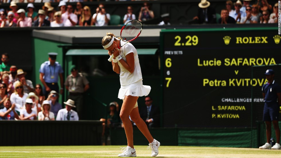 Bouchard will play Czech Petra Kvitova in the final. Here Kvitova celebrates after defeating compatriot Lucie Safarova 7-6 6-1 to reach her second Wimbledon final.