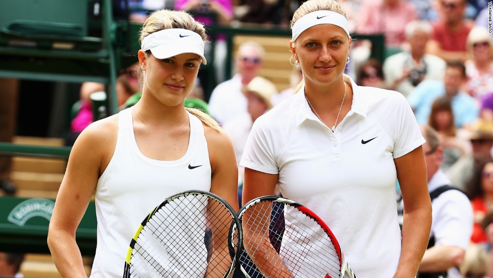 Petra Kvitova and Eugenie Bouchard pose before their women&#39;s final at the All England Club. Bouchard was Wimbledon junior champion in 2012 while Kvitova was hoping to claim a second senior crown after winning in 2011.