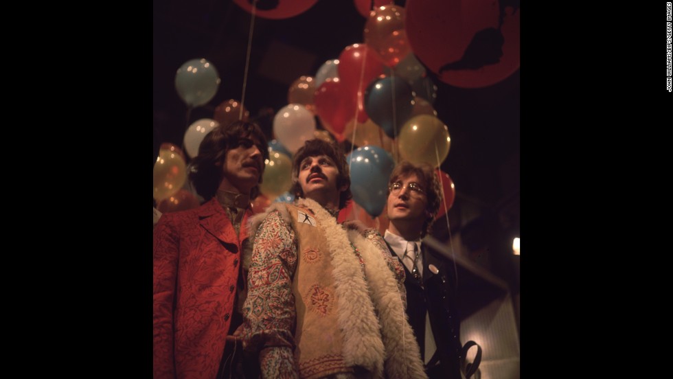 In stereotypical 1967 attire, George Harrison, Ringo Starr and John Lennon of the Beatles, at the EMI studios in Abbey Road, as they prepare for &#39;Our World&#39;, a world-wide live television show broadcasting to 24 countries with a potential audience of 400 million.  