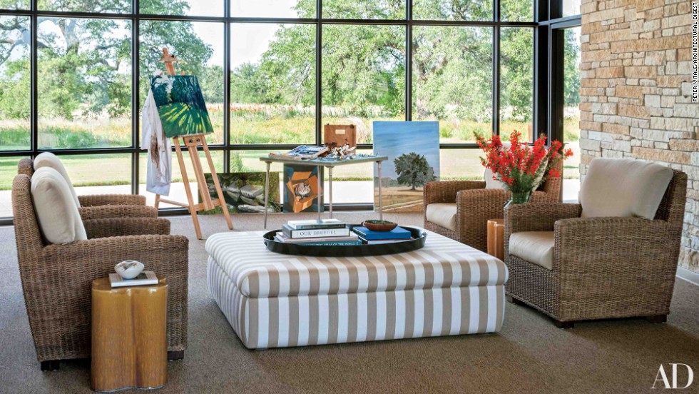 Breezeway: Mr. Bush sometimes paints at an easel in the enclosed breezeway, where the windows are replaced with screens in warm weather; the ottoman and the cushions on the sea-grass chairs are covered in Sunbrella fabrics. &lt;a href=&quot;http://www.architecturaldigest.com/celebrity-homes/2014/laura-and-george-w-bush-prairie-chapel-ranch-texas-article?mbid=synd_cnn&quot; target=&quot;_blank&quot;&gt;See more at ArchDigest.com&lt;/a&gt;