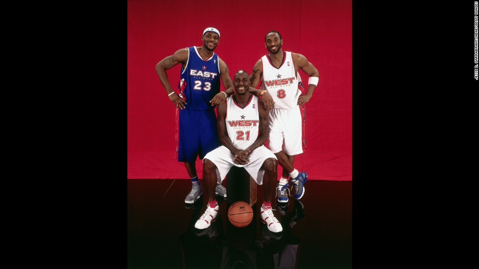 James, left, takes a portrait with fellow NBA All-Stars Kobe Bryant, right, and Kevin Garnett in February 2005. James has been an All-Star every year since.