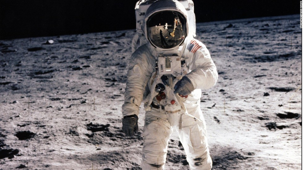 Astronaut Edwin &quot;Buzz&quot; Aldrin walks on the lunar surface during the Apollo 11 mission.