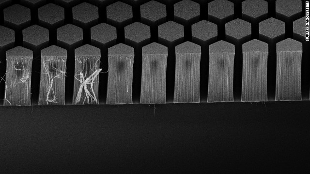 Each carbon nanotube measures roughly one millionth of a millimeter.