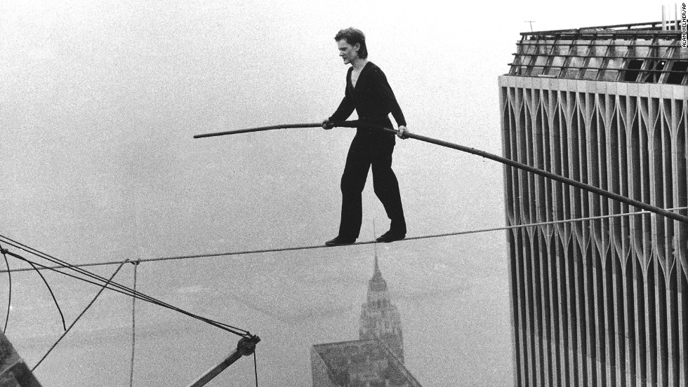 French aerialist Philippe Petit dazzled onlookers below as he walked across a tightrope suspended between the World Trade Center&#39;s twin towers on August 7 in New York. Petit&#39;s long road to this feat was documented in James Marsh&#39;s 2008 documentary &quot;&lt;a href=&quot;http://www.imdb.com/title/tt1155592/&quot; target=&quot;_blank&quot;&gt;Man on a Wire&lt;/a&gt;.&quot;