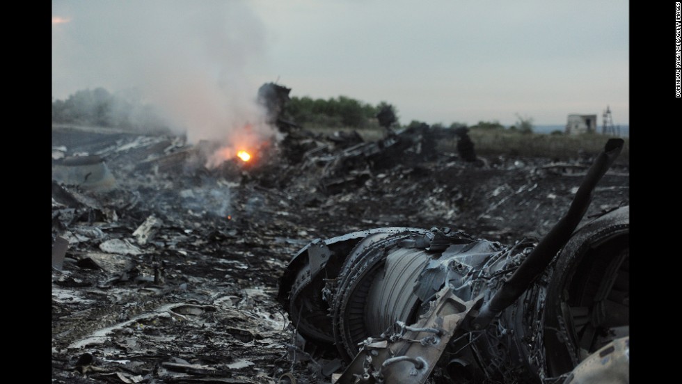 Debris from the crashed jet lies in a field in Ukraine.