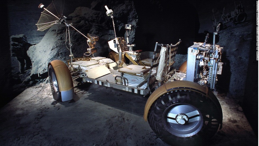 The lunar roving vehicle qualification test unit is on display at the National Air and Space Museum.