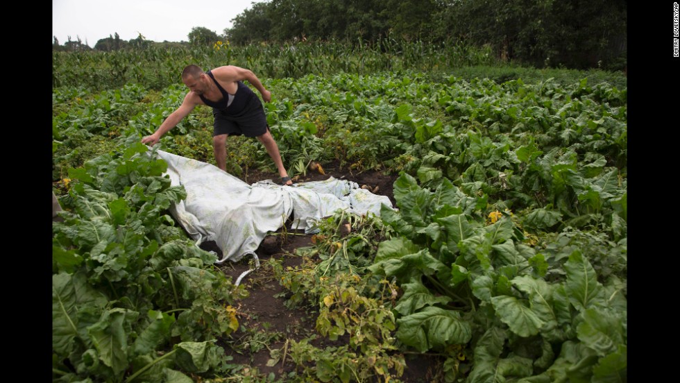 A man covers a body with a plastic sheet near the crash site on July 18, 2014. The passengers and crew hailed from all over the world, including Australia, Indonesia, Malaysia, Germany and Canada. 