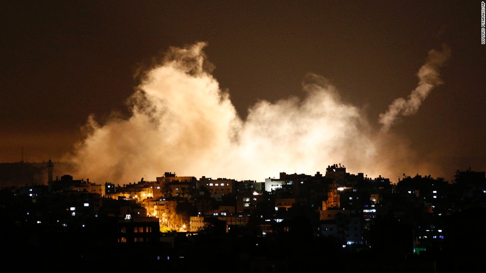 Flare smoke rises into the Gaza City sky on Thursday, July 17. 