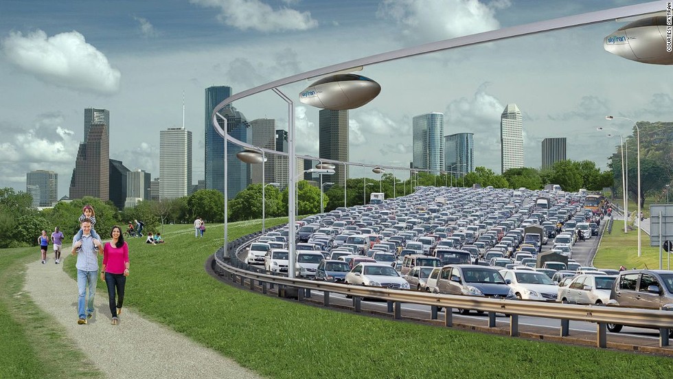 SkyTran&#39;s pods would rise above the inconvenience of everyday traffic, on elevated guide rails.