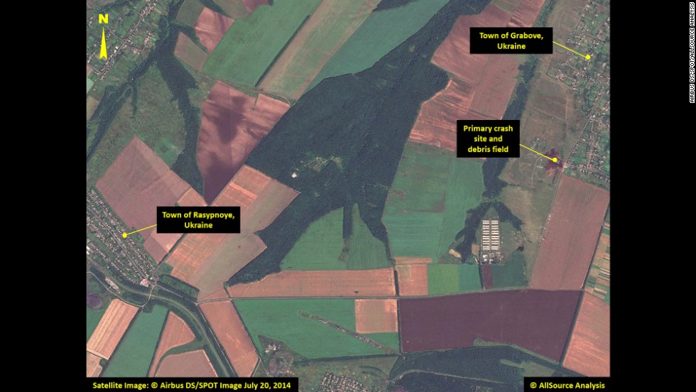 This satellite image shows the primary crash site of Malaysia Airlines Flight 17 between the towns of Hrabove (spelled Grabove in Russian) and Rasypnoye, Ukraine. The Boeing 777 was shot down Thursday, July 17, with a surface-to-air missile in Ukrainian territory controlled by pro-Russian rebels. All 298 people aboard died. The satellite imagery was collected on Sunday, July 20, by &lt;a href=&quot;http://airbusdefenceandspace.com/&quot; target=&quot;_blank&quot;&gt;Airbus Defense &amp;amp; Space&lt;/a&gt;, and was analyzed by &lt;a href=&quot;http://www.allsourceanalysis.com/&quot; target=&quot;_blank&quot;&gt;AllSource Analysis&lt;/a&gt;. Click through to see more of the satellite imagery: