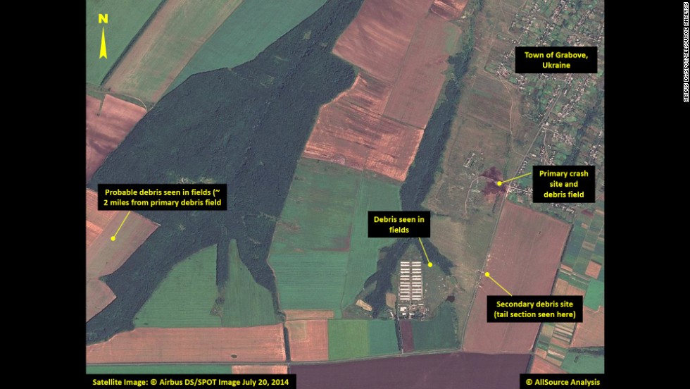 Multiple locations with debris are pointed out in this image, including the site of the plane&#39;s tail section.
