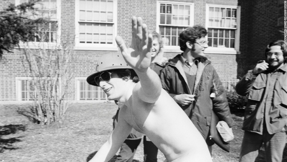 Streaking, or the act of running naked through a public place, became popular on college campuses in the 1960s and continued into the 1970s in what the press called an &quot;epidemic.&quot; 