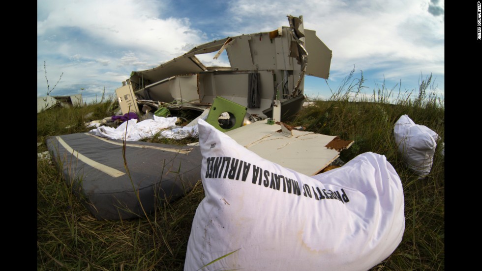 Wreckage from the jet lies in grass near Hrabove on July 21, 2014.