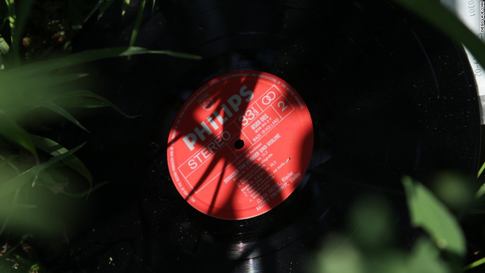 A classical music record is seen among the sunflowers on July 24. 
