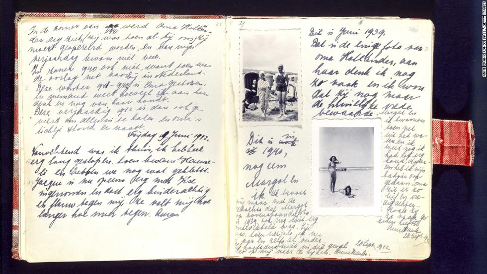 A handwritten page of Anne Frank&#39;s diary includes photos of herself on the beach during a holiday with her sister, Margot. The two sisters would live hidden in the annex with their mother, Edith; father, Otto; and another family.