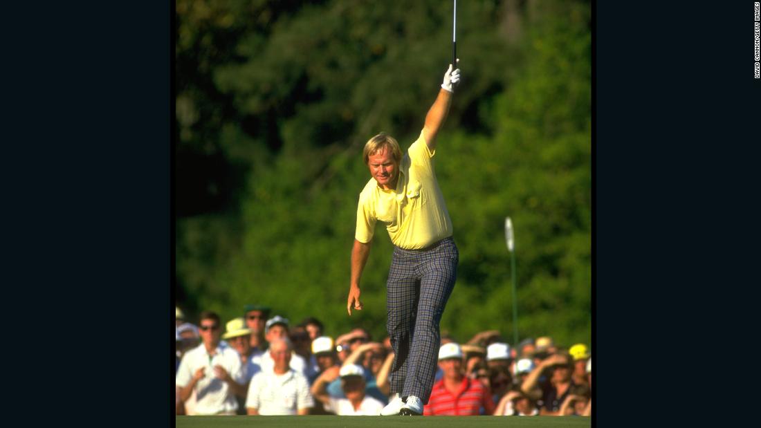 One of the most famous images in golf: Nicklaus rolls in a birdie putt during his victory charge at the Masters in 1986, when -- age 46 -- he became the major event&#39;s oldest winner.  