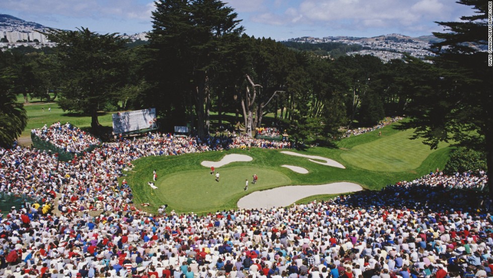This photo captures the spectacular natural amphitheater that surrounds the final green at The Olympic Club in San Francisco.&lt;br /&gt;&lt;br /&gt;The historic course is now almost a century old and was host of the 1987 U.S. Open -- where this image was taken.&lt;br /&gt;&lt;br /&gt;&quot;The U.S. PGA only had to construct one small stand as everywhere else spectators were sitting on the natural slopes,&quot; Cannon said.