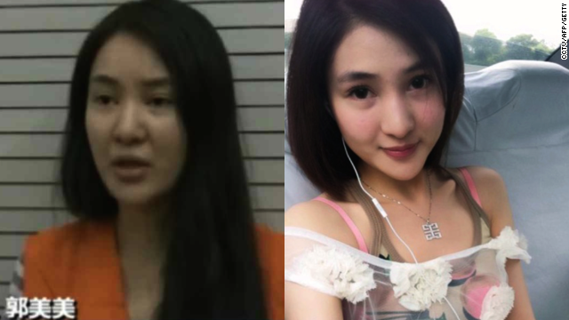 Chinese social media celebrity Guo Meimei, pictured during a televised confession last August (left) and in a photo from her well-known Weibo account (right).