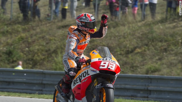 Marc Marquez missed out on a record 11 straight wins, but still leads the standings by 77 points.