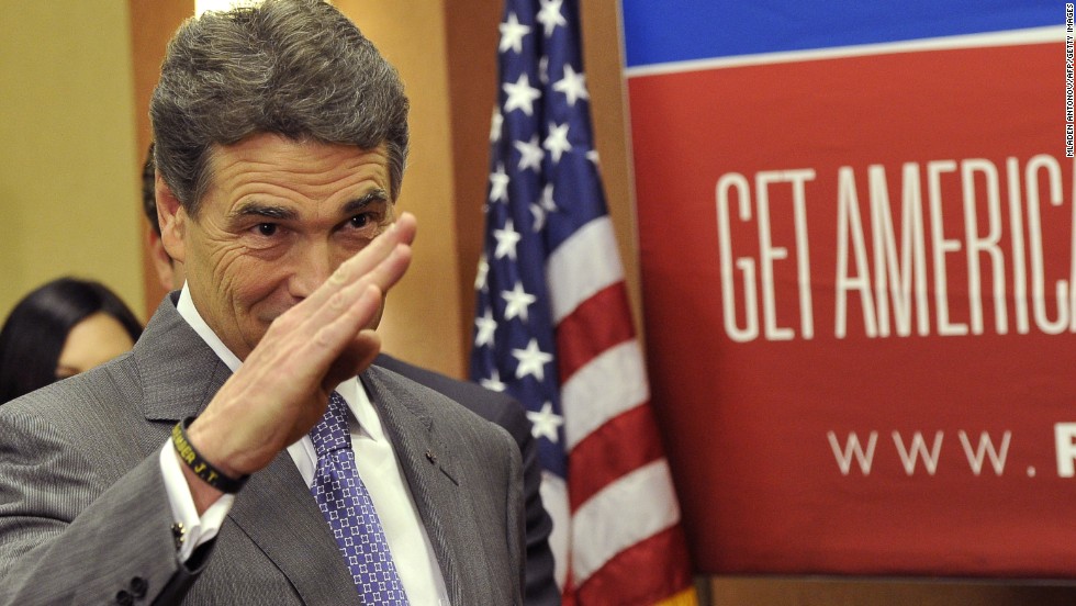 Perry salutes after announcing on January 19, 2012, that he&#39;s suspending his presidential campaign just days before South Carolina&#39;s GOP primary.  Perry finished sixth in the New Hampshire primary earlier that month. 