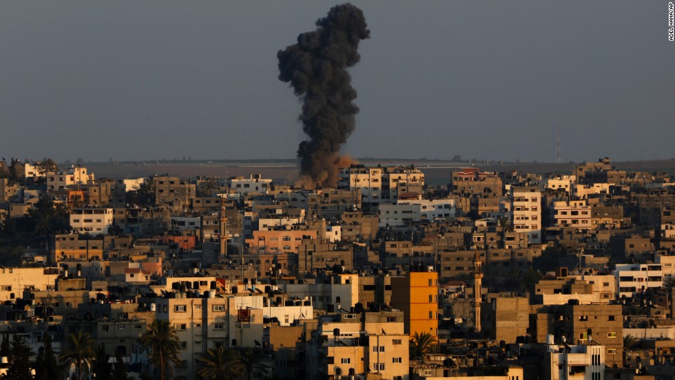 Smoke rises after an Israeli airstrike on Gaza City on August 19.
