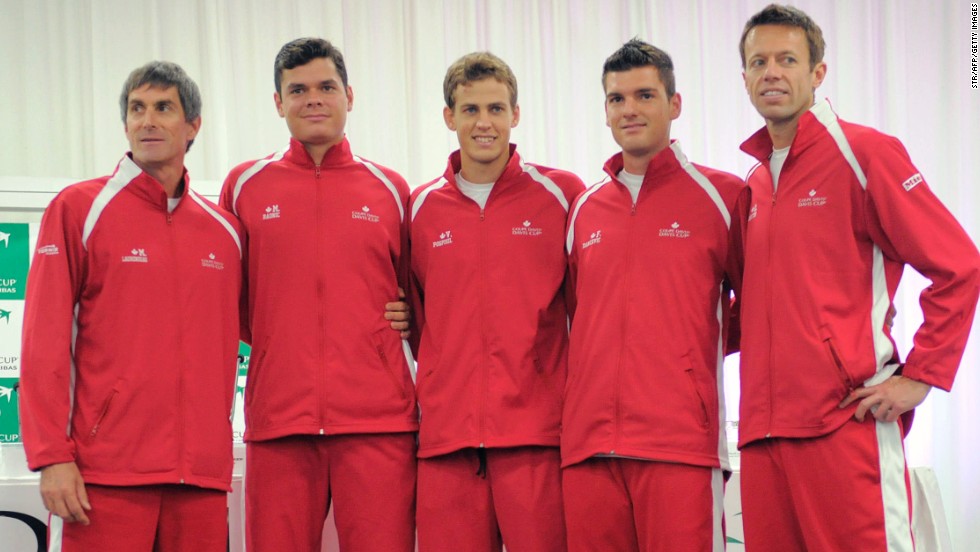 Raonic, Pospisil and Nestor are likely to be playing at the year-end championships, in either singles or doubles, just like Bouchard. The trio are seen here ahead of a Davis Cup series, joined by captain Martin Laurendeau, far left, and Frank Dancevic, second from right. 